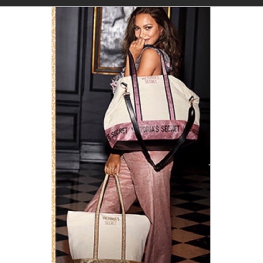 Victoria Secret pink gold tote and travel bag set
